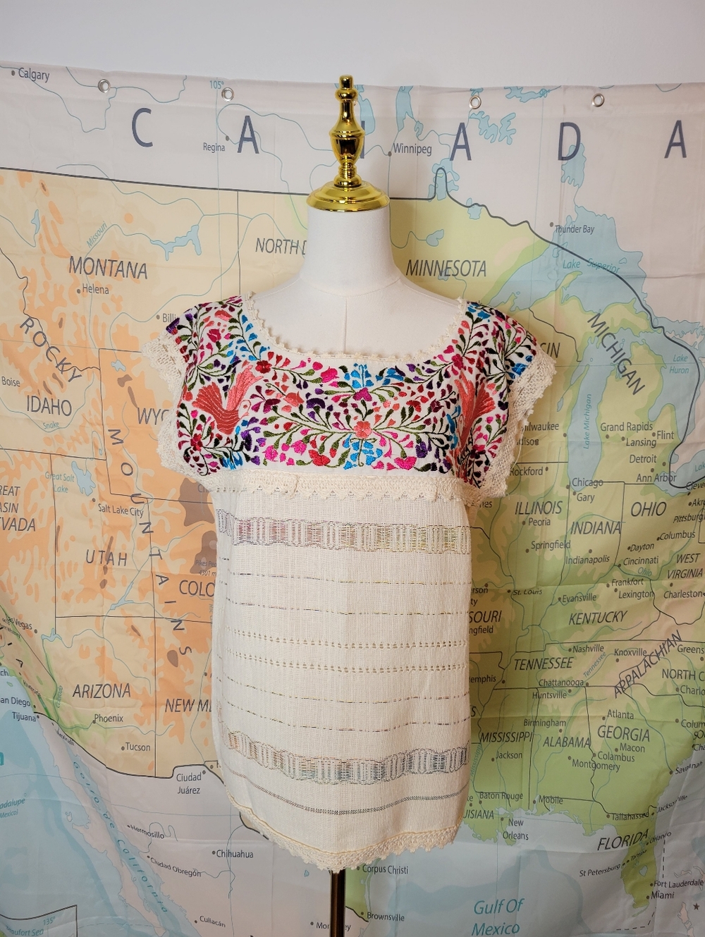 Embroidered Cotton Peasant Top - Ivory with Multicolor Floral Embroidery
